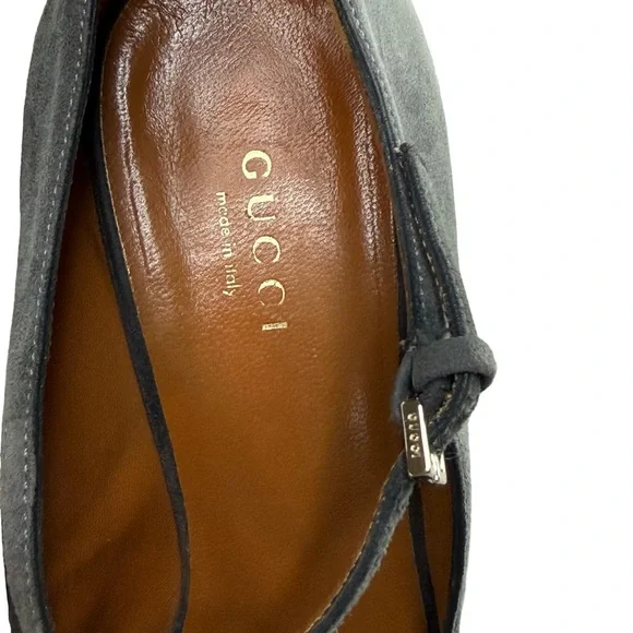 Gucci Betty T Strap Peep Toe Grey Suede Pumps 37 - Picture 5 of 16